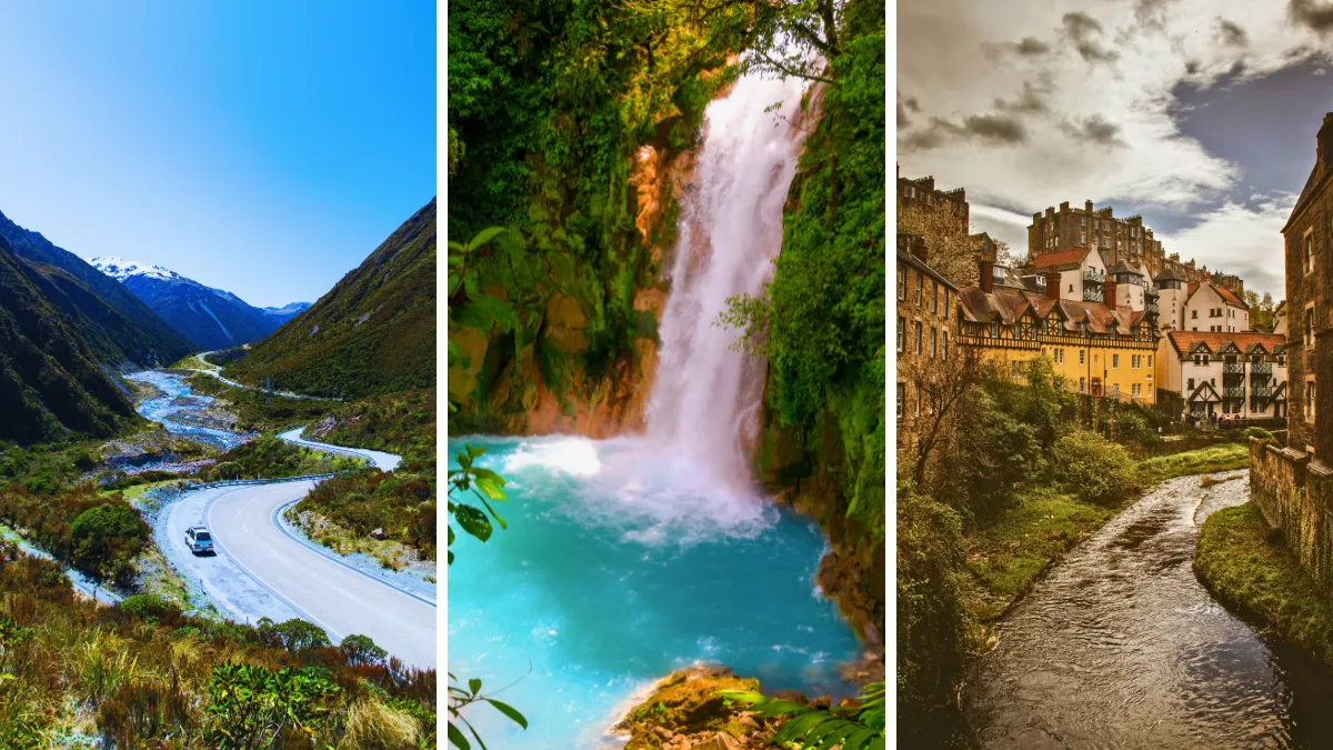 Three scenic landscapes: a winding mountain road, a waterfall into a turquoise pool, and a riverside town