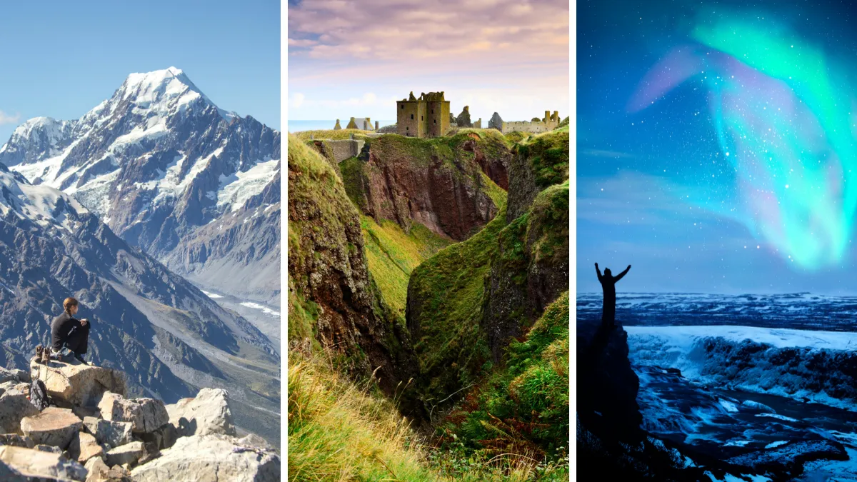 Three scenic landscapes: a snowy mountain, a cliffside castle, and northern lights over a frozen river
