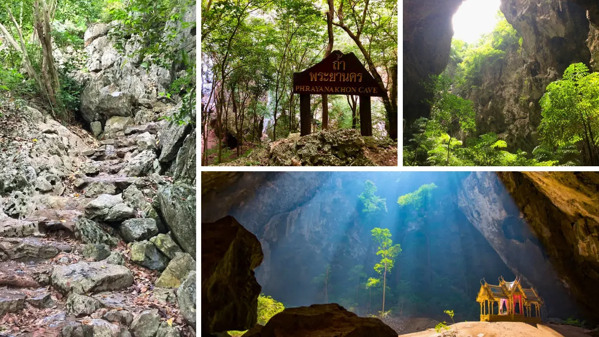 Collage of Phra Nakhon Cave: rocky trail, cave entrance sign, and sunlit cave interior with a small shrine