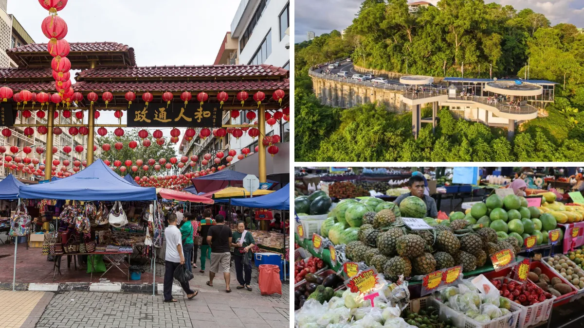 Collage of a lantern-decorated market street, a hillside viewing platform, and a fruit market stall