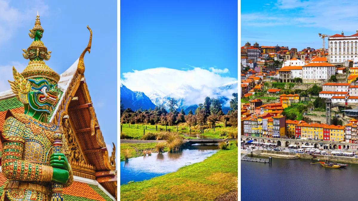 A three-panel collage showing a colorful temple statue, a mountain landscape with a river, and a hillside city by the water