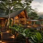 Luxury jungle lodge with a wooden walkway and lit deck at sunrise