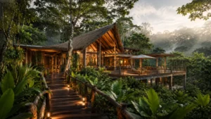 Luxury jungle lodge with a wooden walkway and lit deck at sunrise