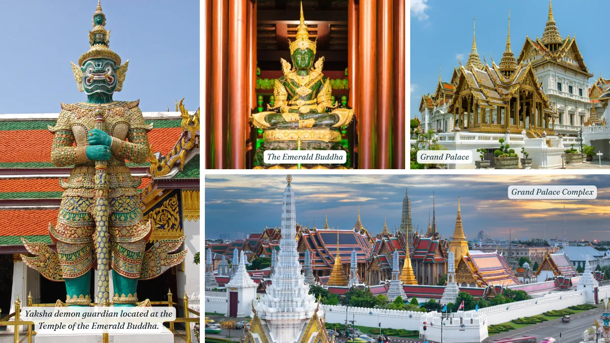 Collage of the Emerald Buddha, a yaksha guardian statue, and the Grand Palace complex in Bangkok