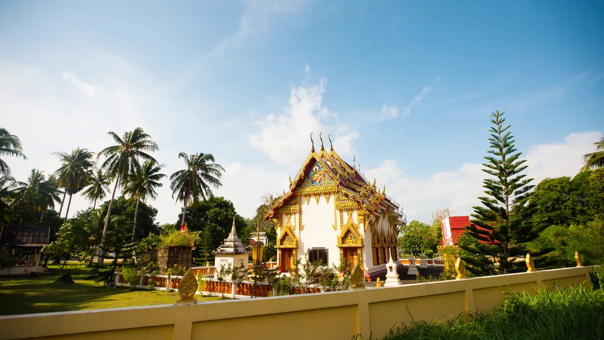 Thai temple with ornate gold trim, palm trees, and a blue sky