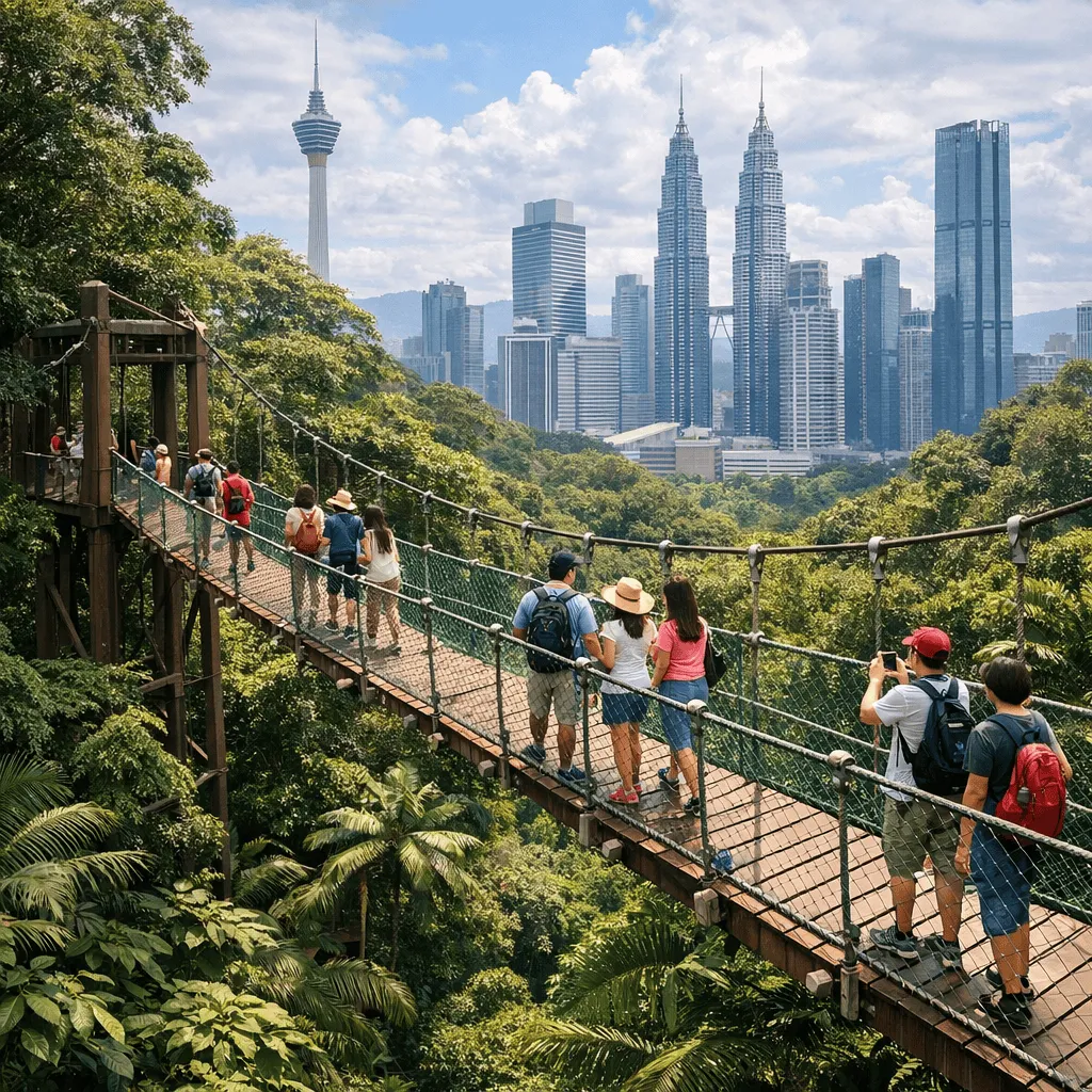 Canopy walk in Forest Eco Park with visitors crossing above tropical foliage and distant modern towers.