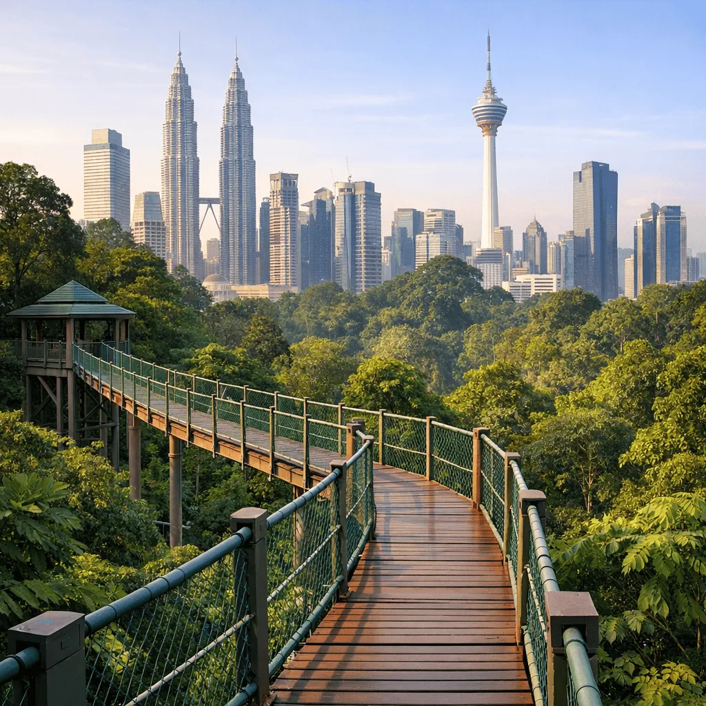 Elevated walkway through Forest Eco Park with Kuala Lumpur skyline rising behind the trees