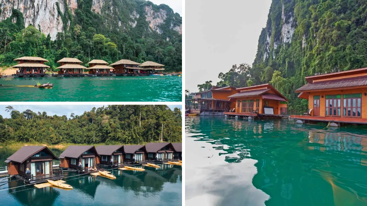 Floating bungalows on turquoise water beneath steep limestone cliffs