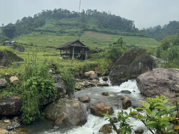 Mountain stream flowing past rocks and a small hut in a green terraced valley