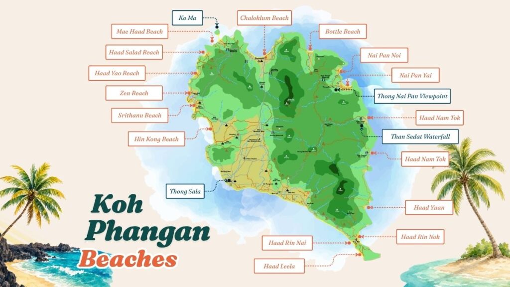 Map of Koh Phangan highlighting beaches, waterfalls, viewpoints, and towns