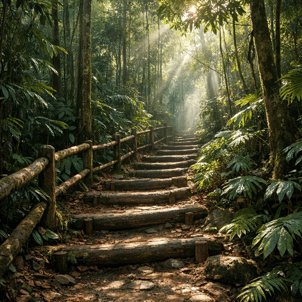 Shaded rainforest trail at Forest eco park with wooden steps dense foliage and filtered morning light
