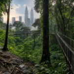 Suspension bridge through a lush forest with the Petronas Towers in the background