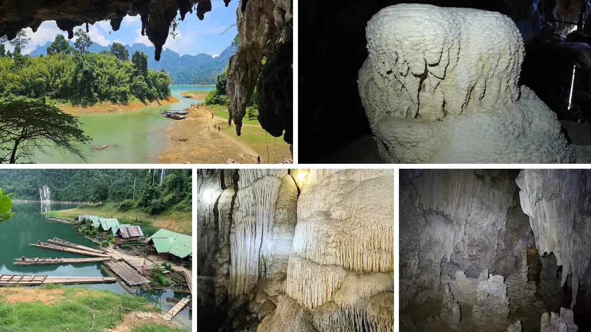 Collage of a cave and river landscape with limestone formations and a lakeside dock
