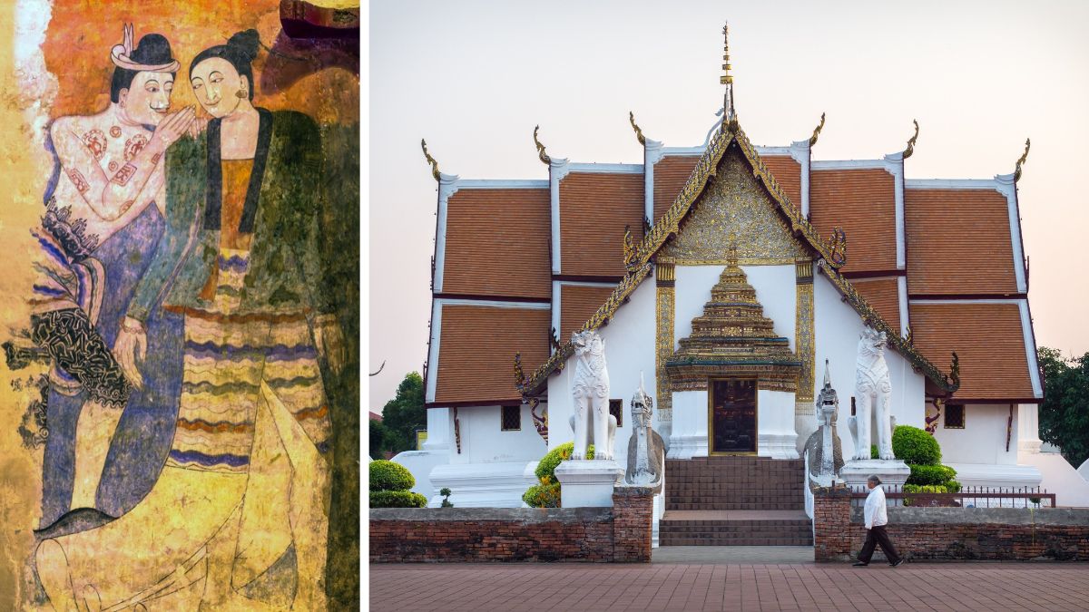 Famous Lanna-era mural inside Wat Phumin and exterior of Wat Phumin temple, Nan province, Thailand