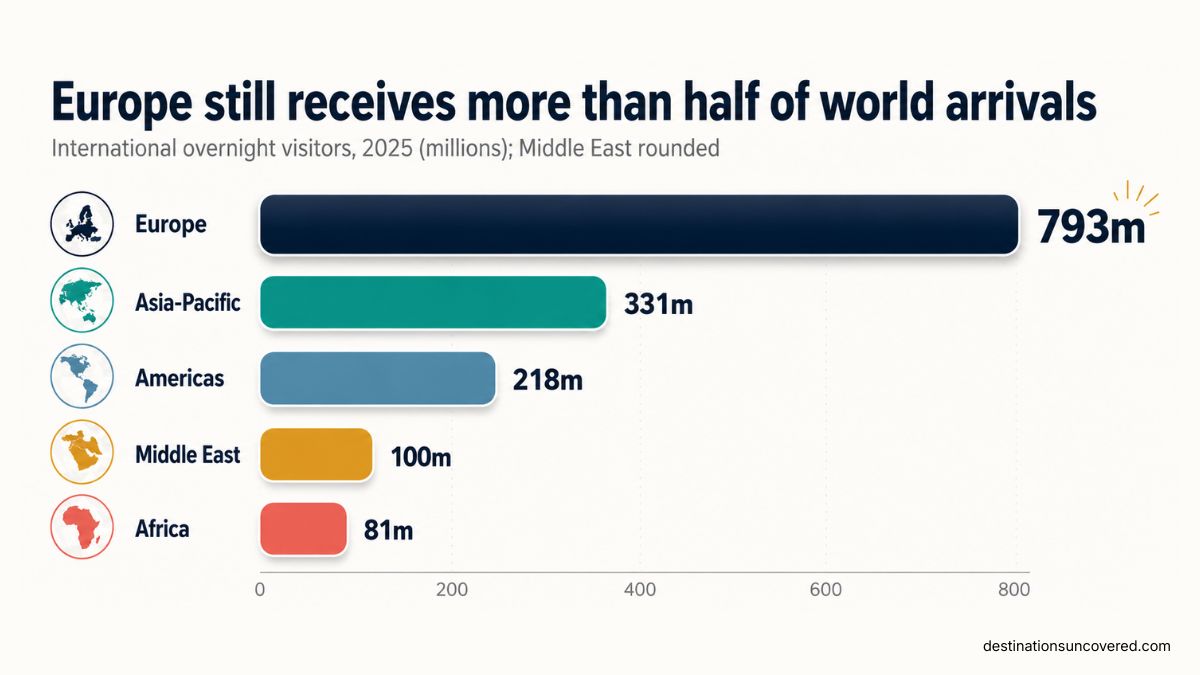 Bar chart of 2025 international overnight visitors: Europe 793m, Asia-Pacific 331m, Americas 218m, Middle East 100m, Africa 81m
