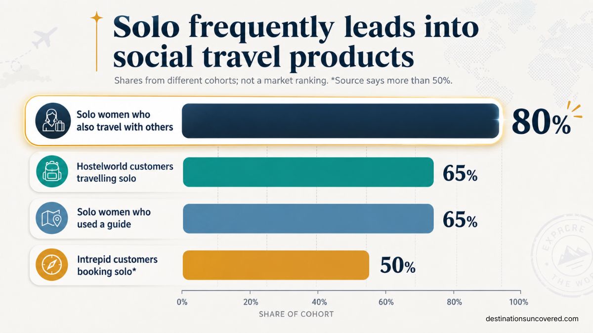 Bar chart shows solo travel often leads to social travel, with shares ranging from 50% to 80% across cohorts