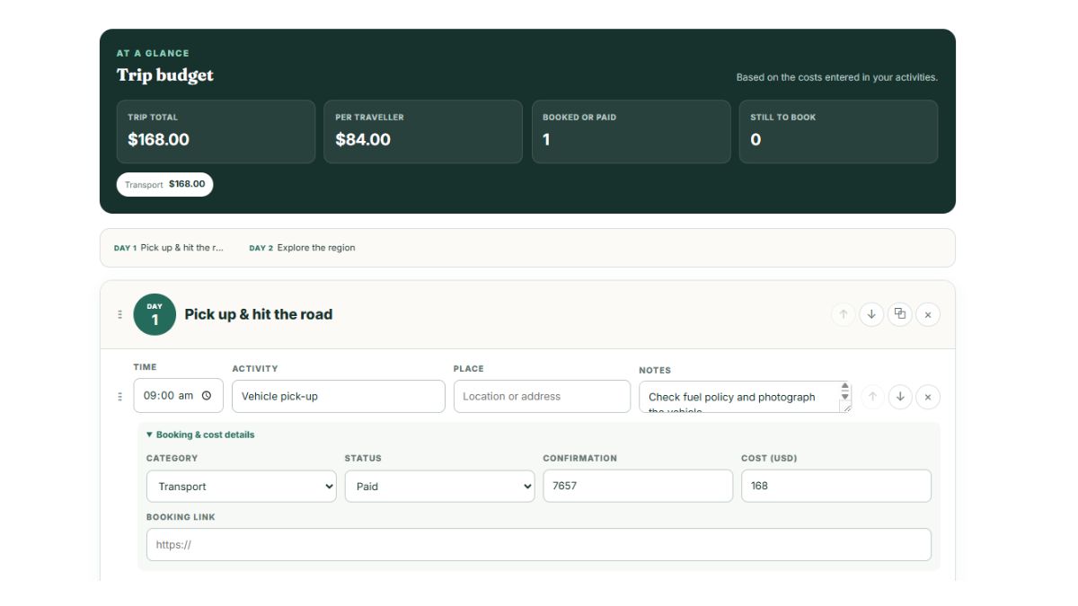 itinerary template with built in calculator