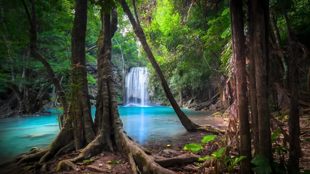 Jungle Landscape with Erawan Waterfall. Kanchanaburi, Thailand
