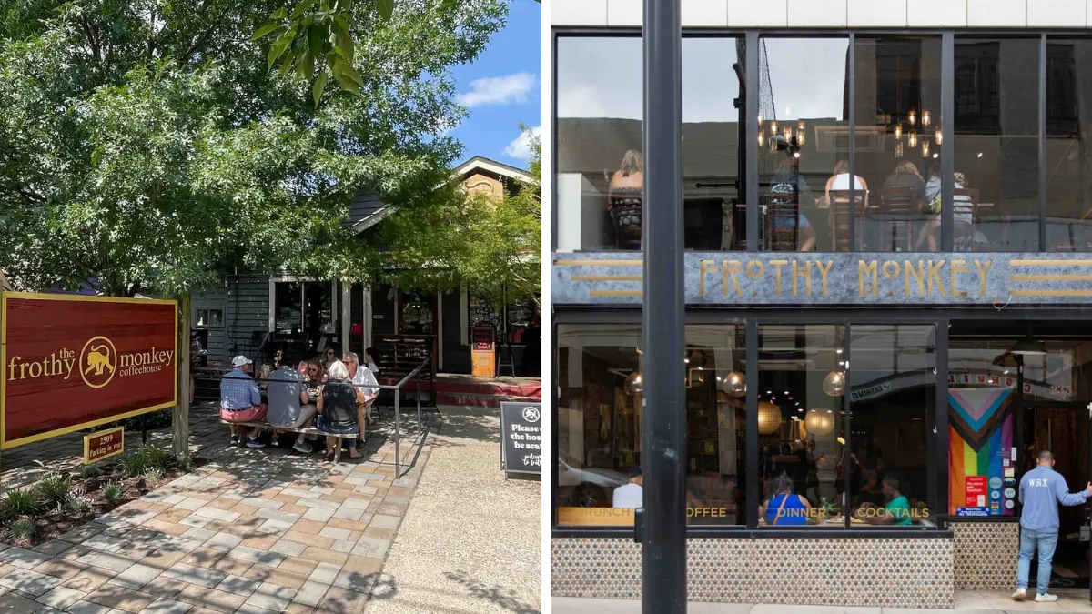 Frothy Monkey coffeehouse exterior with people seated outside and inside the café