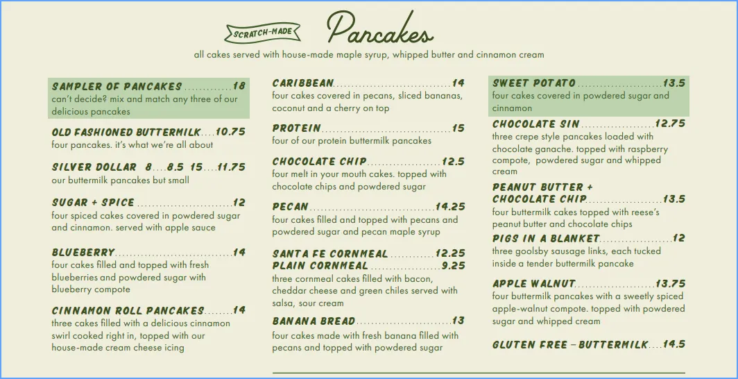 The Pancake section from Pancake Pantry Menu