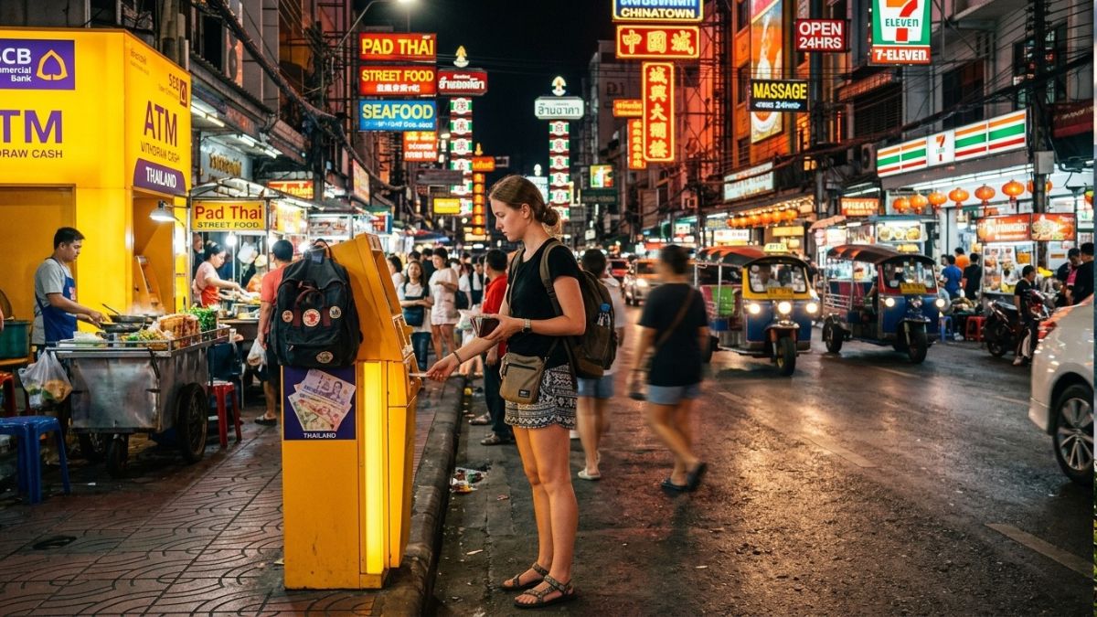 Tina using ATM on street