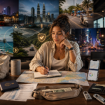 Traveler planning a trip with a map, notebook, passport, wallet, phone, and travel insurance documents