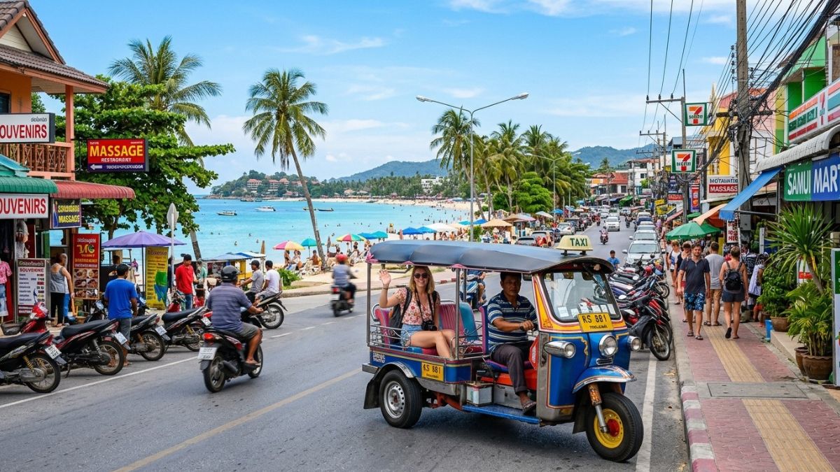 Tuk-tuk carrying tourist on street