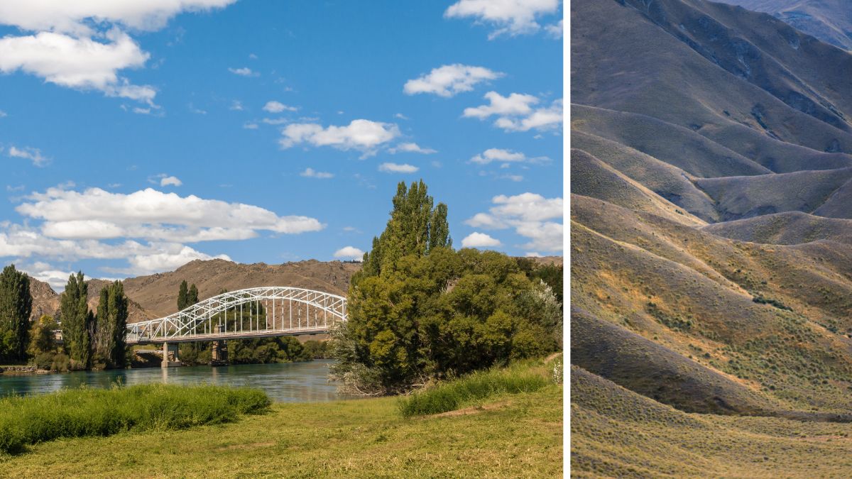 White arched bridge over a river beside trees and grassy banks, with dry rolling hills shown in a separate panel