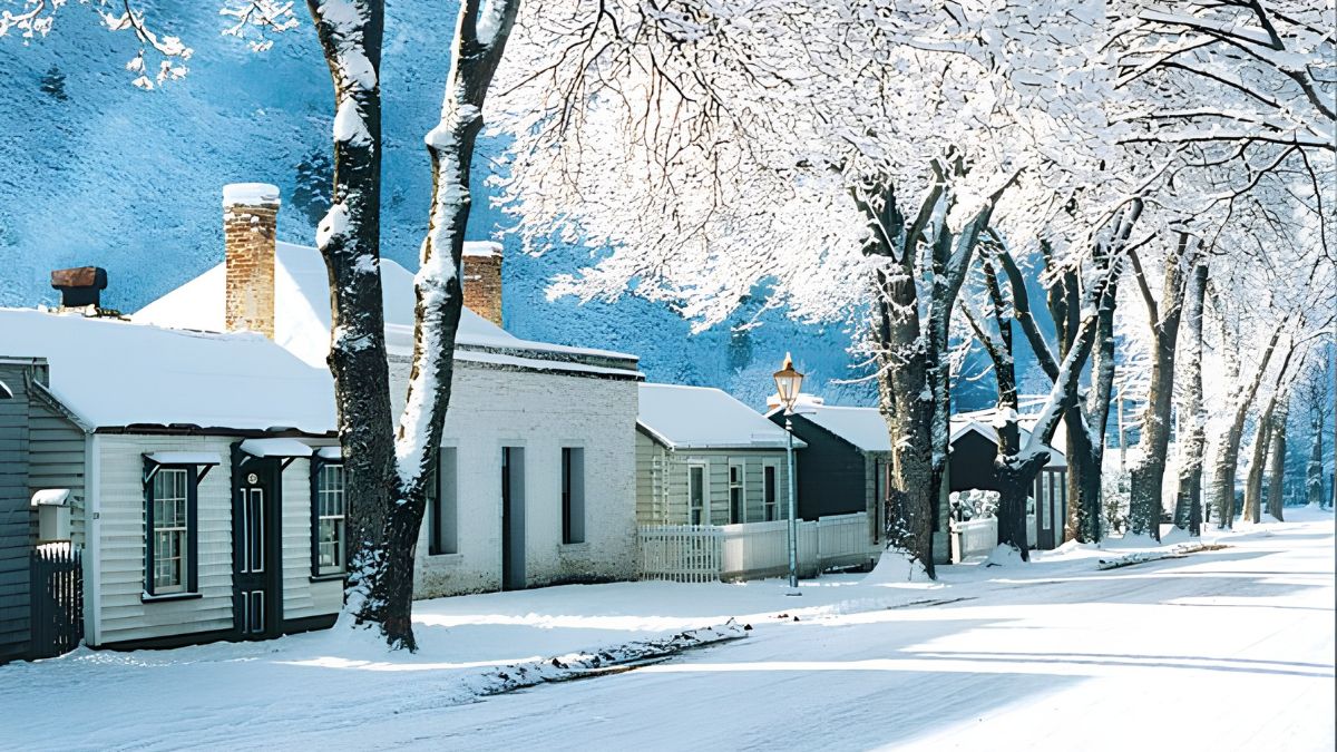 Snow-covered homes and trees line a quiet residential street under a bright blue winter sky