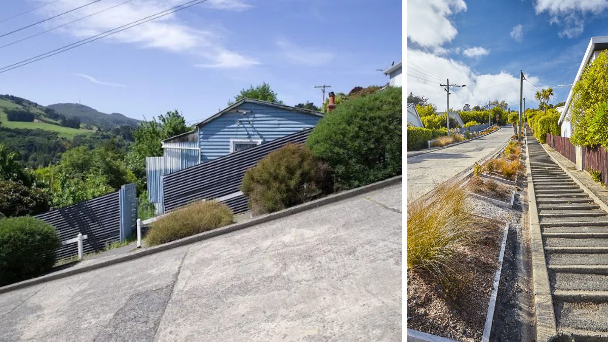 Split image showing steep residential streets: a sloped road beside homes on the left and stairs with a narrow sidewalk on the right