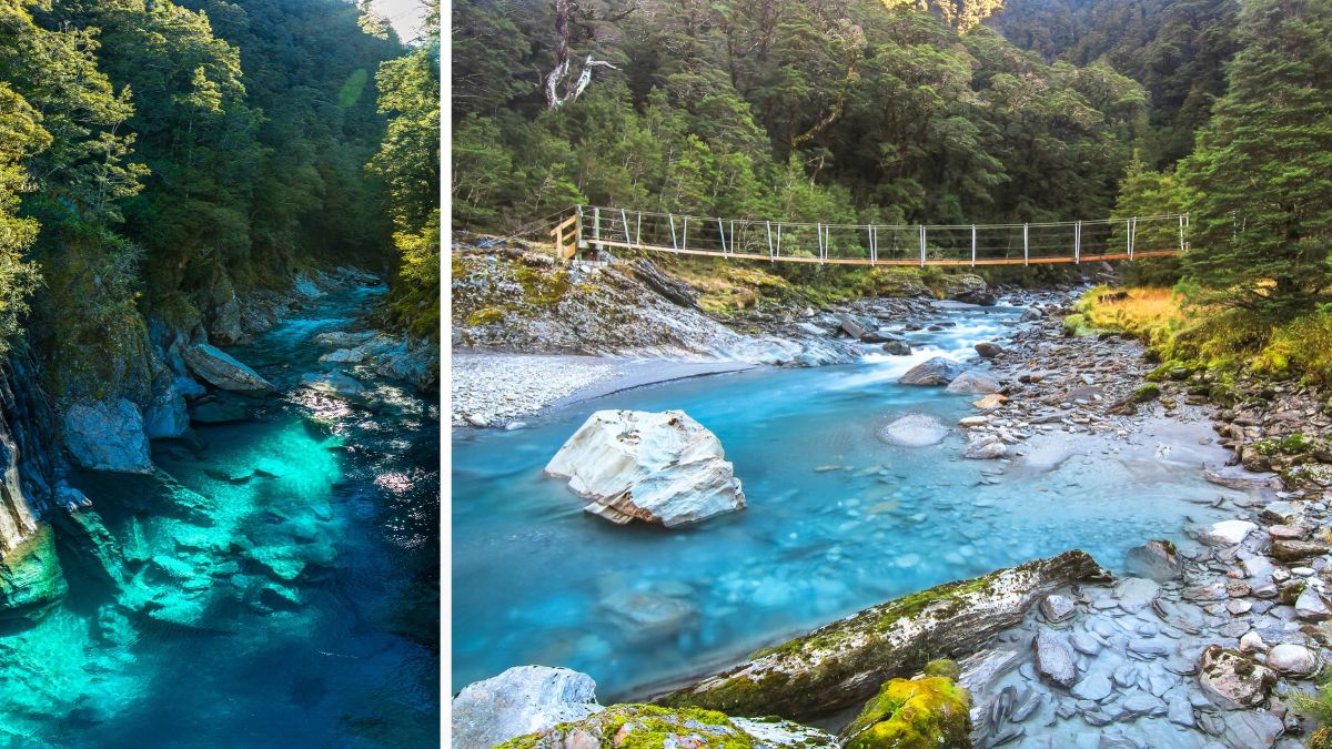 Turquoise streams winding through dense forest, with a suspension footbridge crossing the rocky river on the right