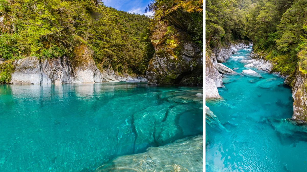 Turquoise river pools winding through a lush, rocky forest gorge - independent travel in Wānaka