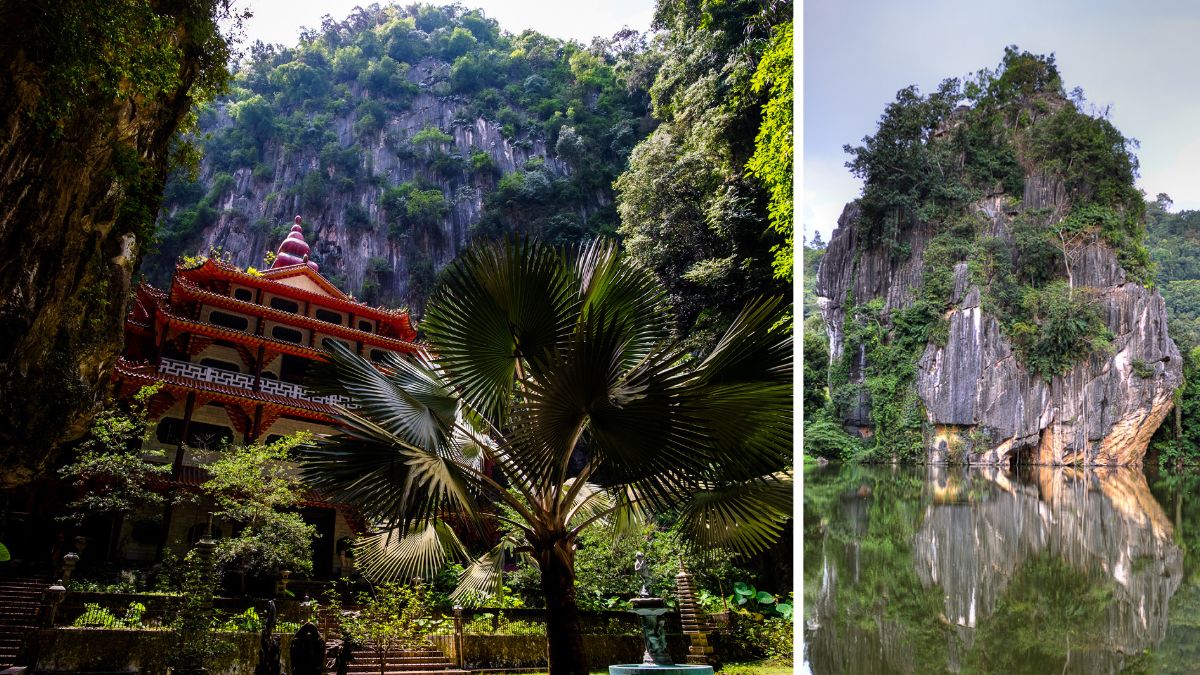 Ornate Asian temple surrounded by tropical foliage beneath limestone cliffs, alongside a cliff reflected in calm water