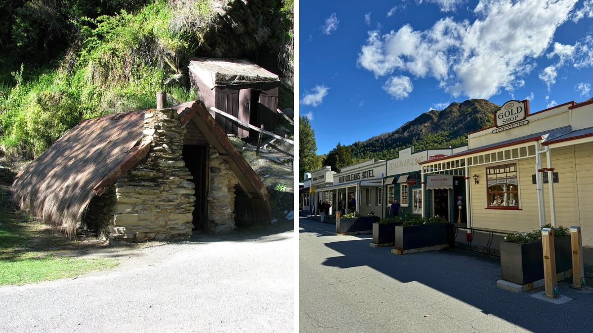 Historic stone miner’s hut beside a modern mountain town street with a Gold Shop