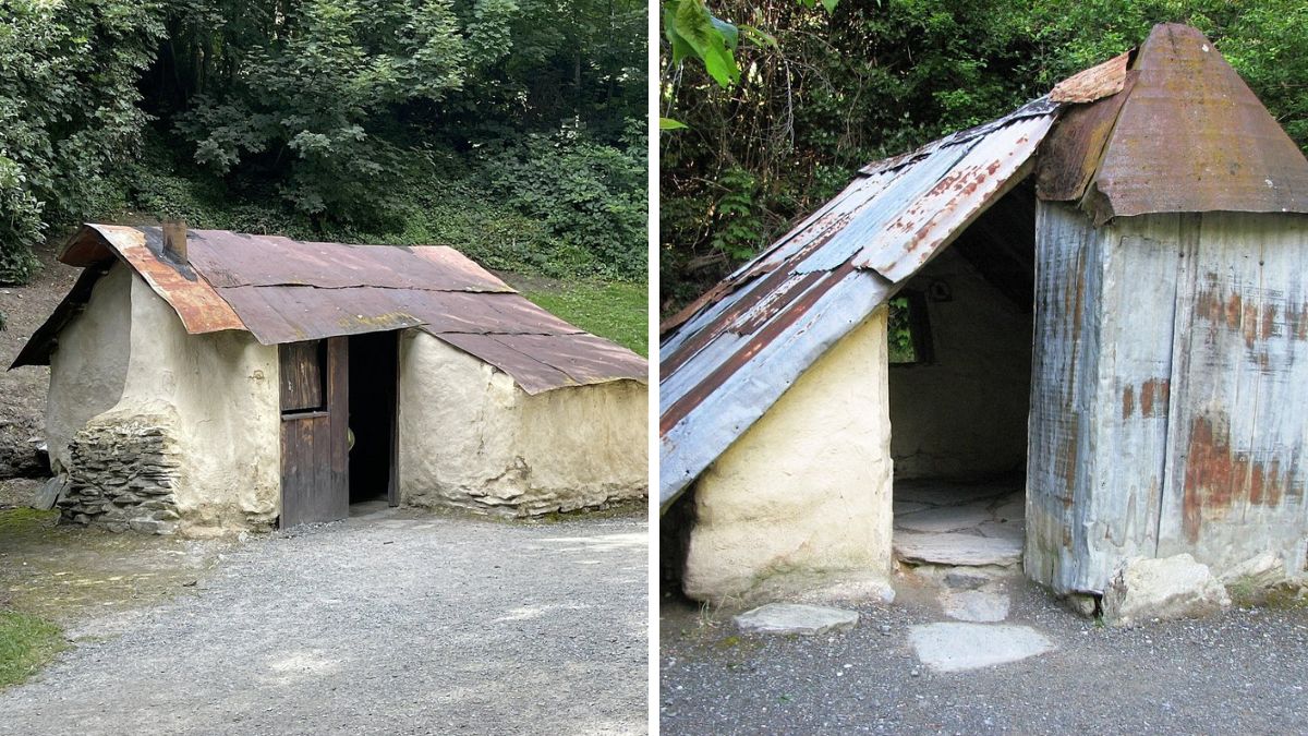 Two views of a small rustic hut with mud walls and a rusted corrugated-metal roof in a wooded area