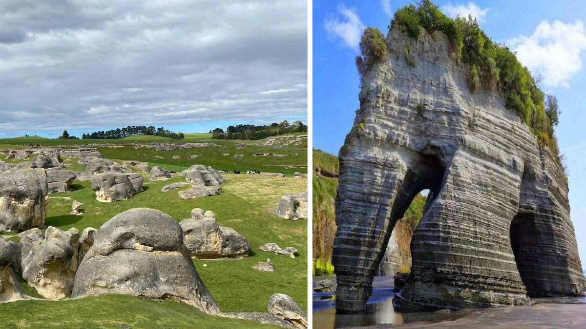 Split image showing weathered limestone boulders in a grassy landscape and a massive layered limestone arch by the water