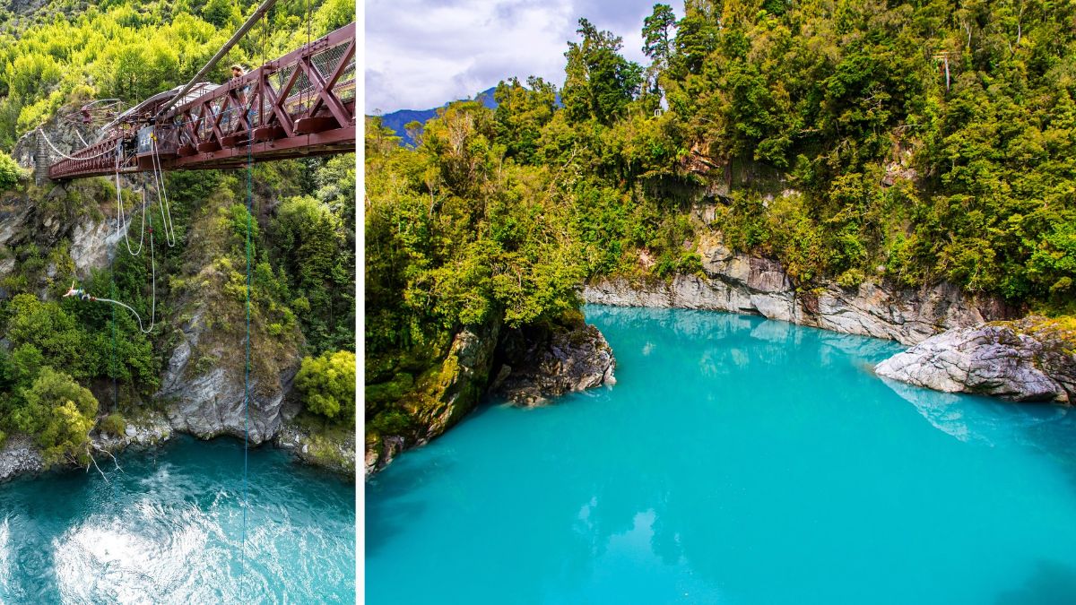 Hokitika Gorge suspension bridge, bungee jumping and Hokitika turquoise waters