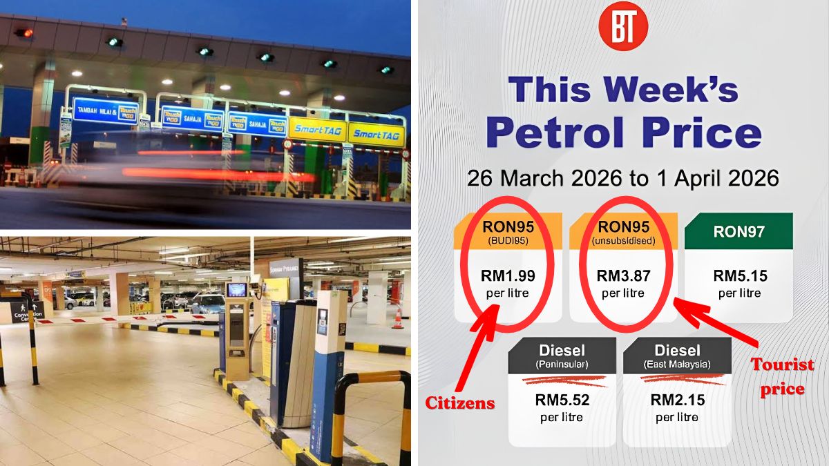 BT petrol price infographic for 26 March–1 April 2026: RON95 RM1.99/L for citizens, RM3.87/L for tourists, and RON97 RM5.15/L - How to get around Malaysia