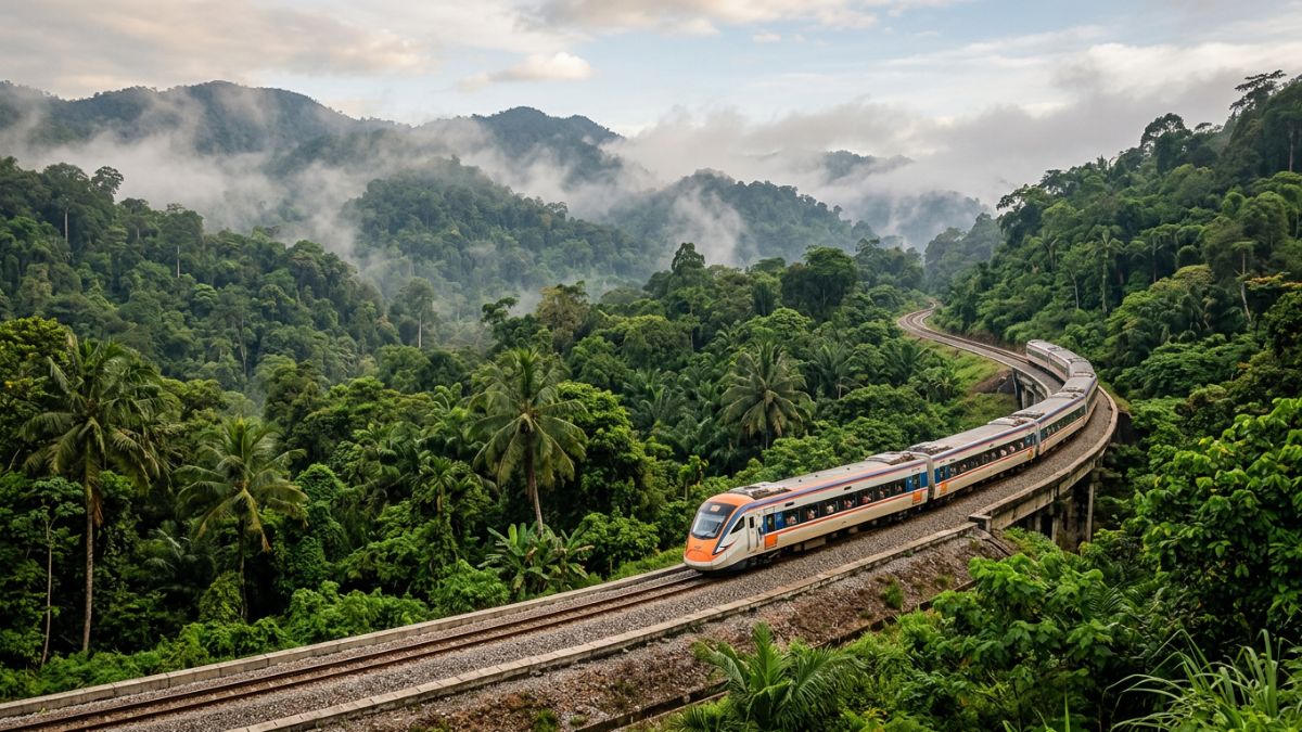 Passenger train crossing an elevated track through misty tropical rainforest and mountainous terrain - How to get around Malaysia