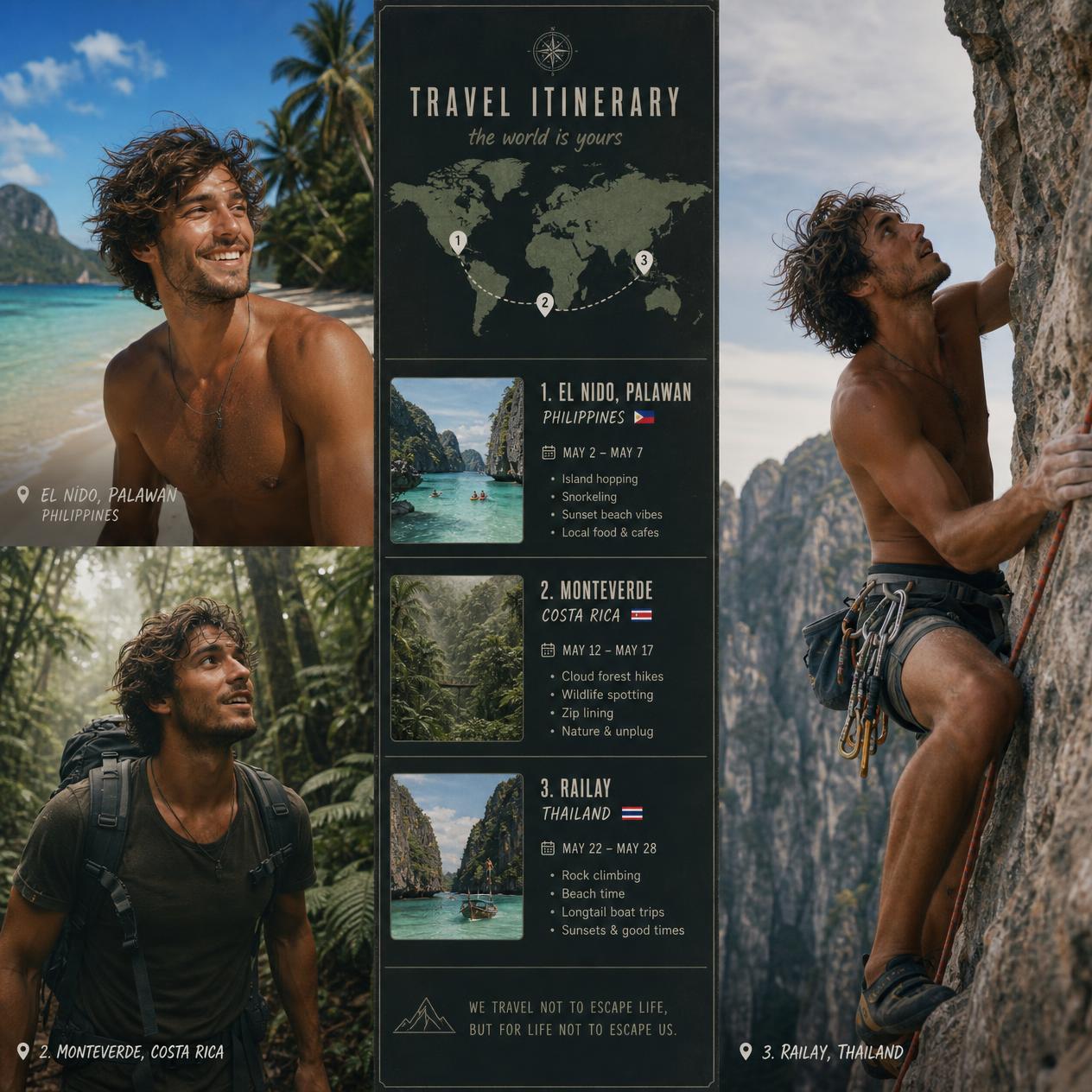 Travel itinerary: El Nido, Philippines (May 2–7); Monteverde, Costa Rica (May 12–17); Railay, Thailand (May 22–28)