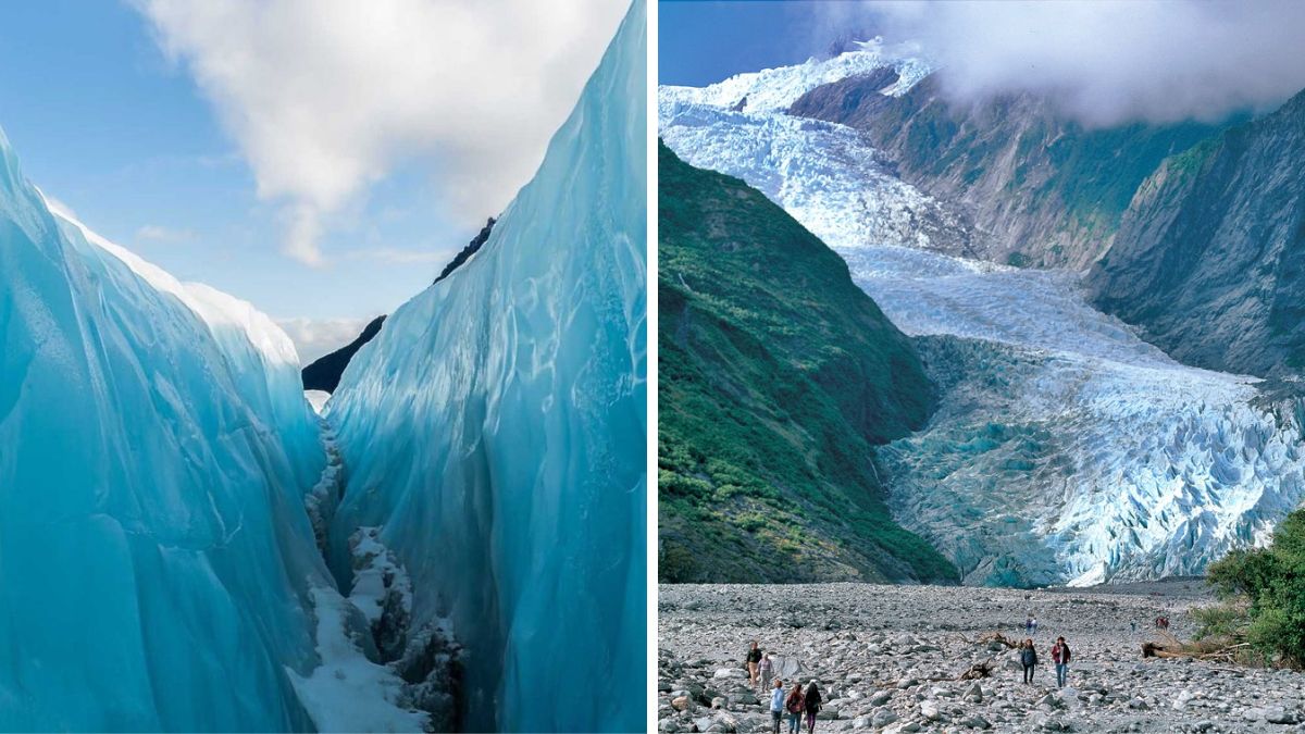 Split image showing a narrow blue ice canyon and a valley glacier flowing between green mountains