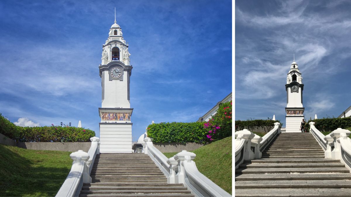 White clock tower with an ornate dome, shown from two angles above a grand staircase