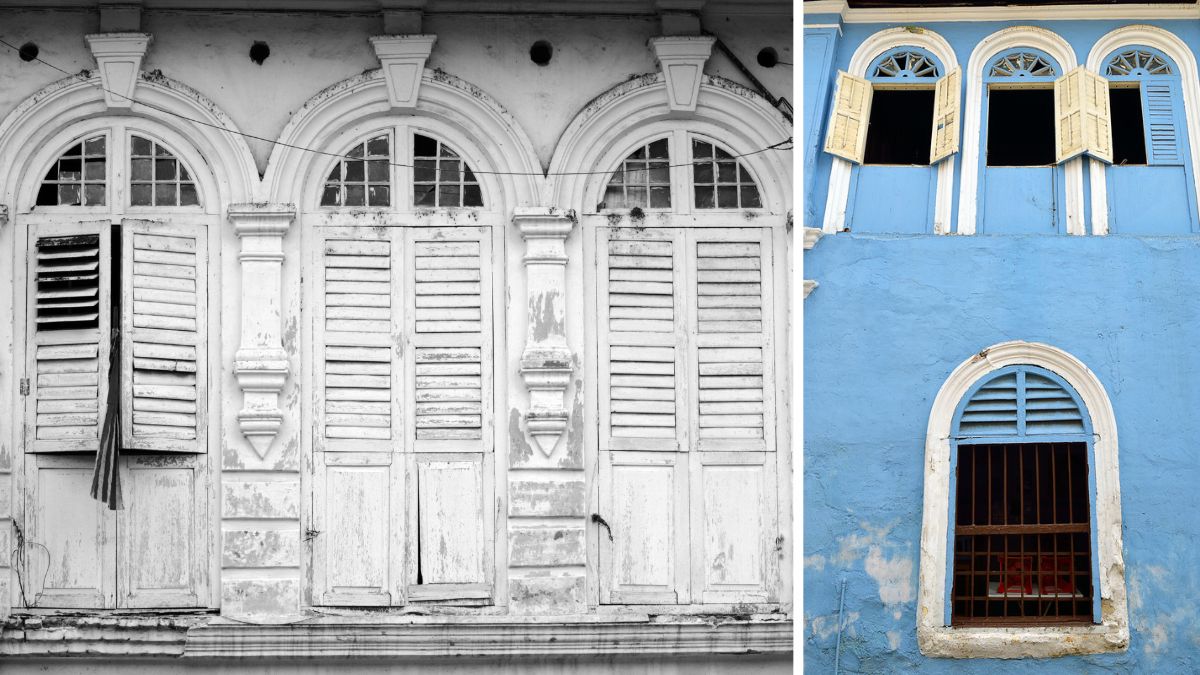 Side-by-side colonial façades with ornate arched windows and wooden shutters, one in black and white and one painted blue