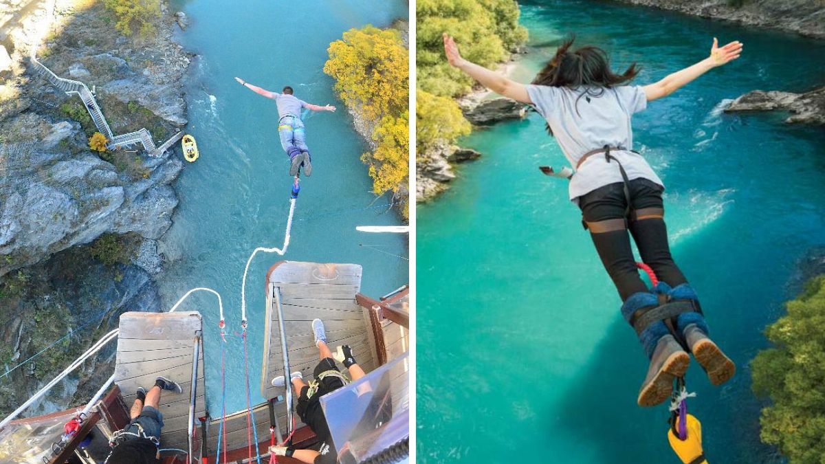 Bungee jumpers diving from a platform over a turquoise river surrounded by rocky cliffs and trees