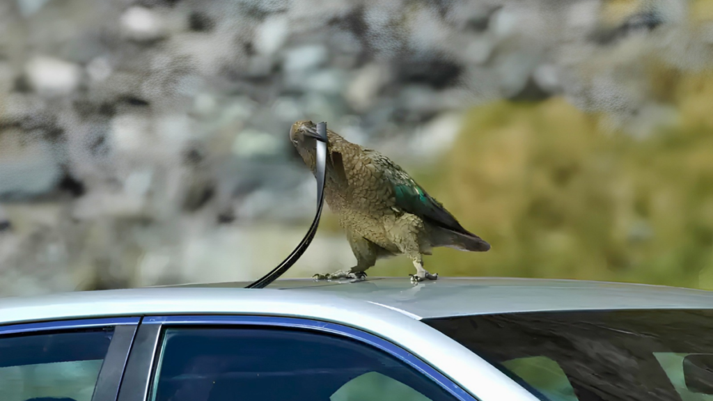 Bird standing on a car roof, holding a long black strap in its beak