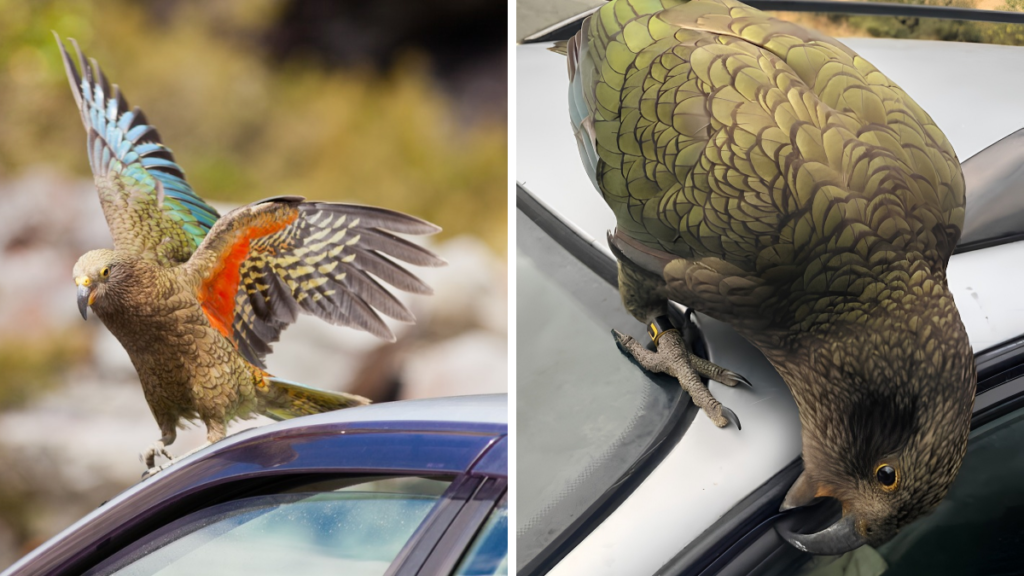 Two kea parrots on cars, one spreading its wings and the other hanging upside down