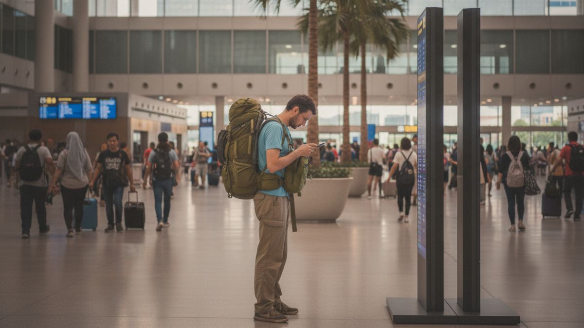 Traveler with a backpack checks his phone beside an information display in a busy airport terminal