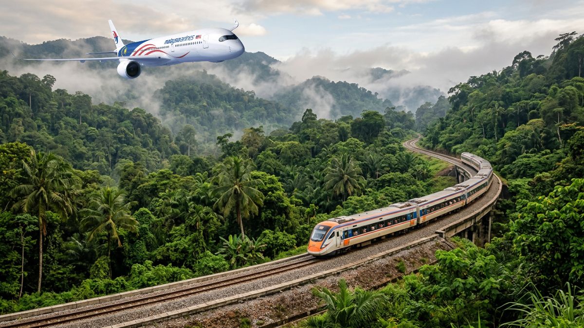 Airplane flying over a misty tropical rainforest as a passenger train travels along an elevated curving track