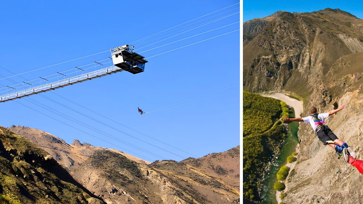 Adventure jumper suspended over a rugged mountain canyon beside a high suspension platform