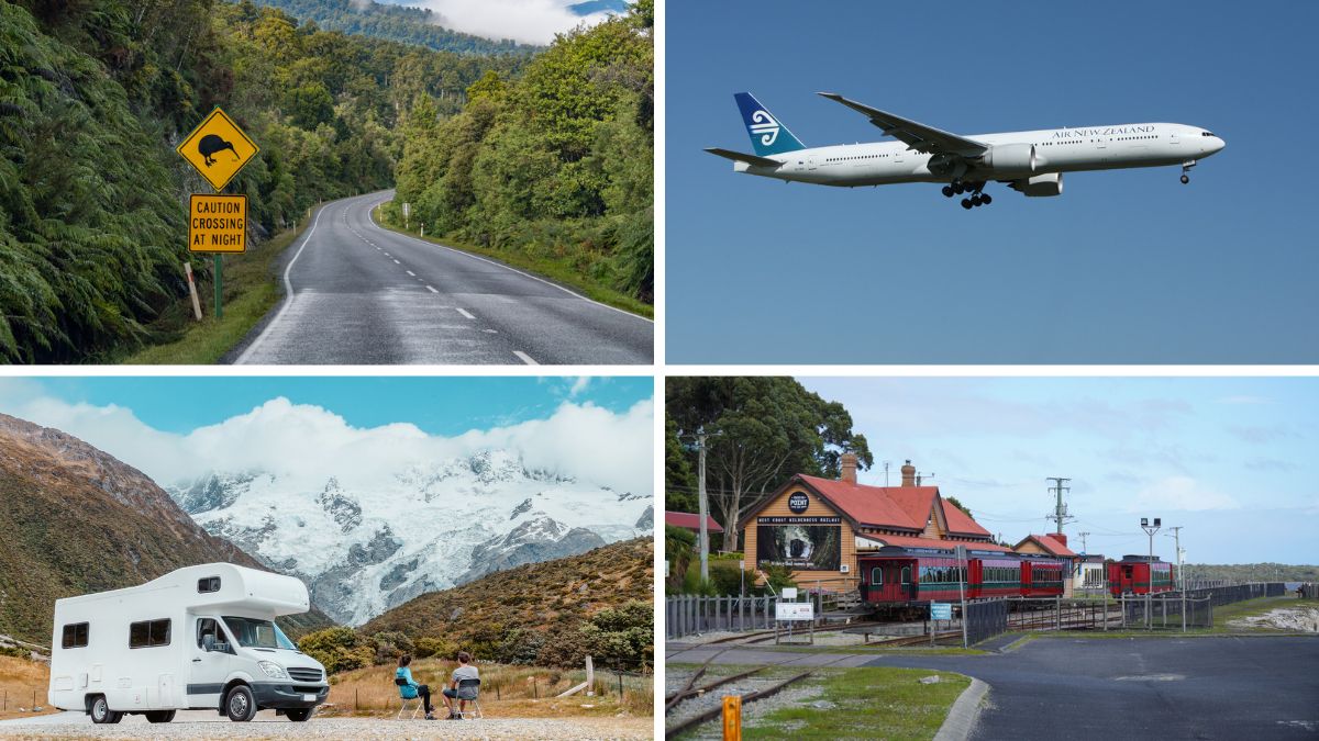 Collage of New Zealand travel scenes: a kiwi crossing sign, Air New Zealand plane, mountain glacier, and red train